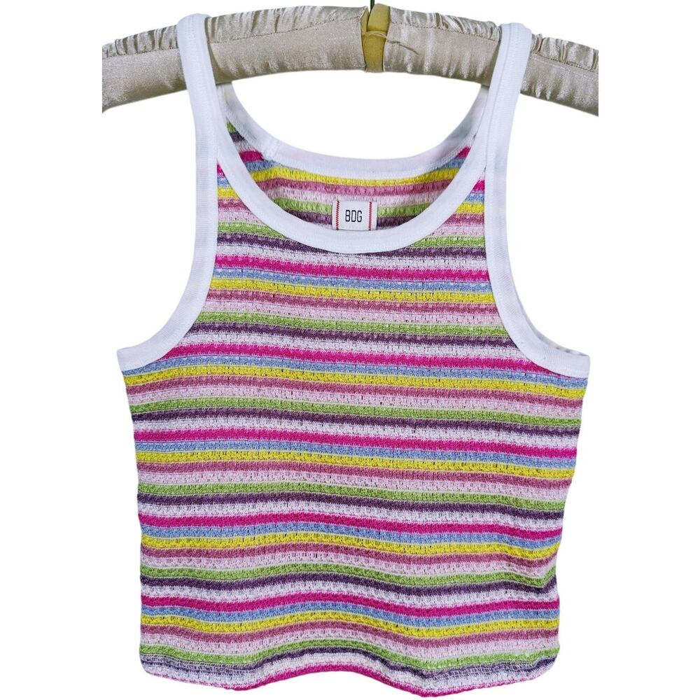 BDG Urban Outfitters Y2K Rainbow Striped Knit Crop Top Medium 90s Retro Dopamine - Picture 2 of 9